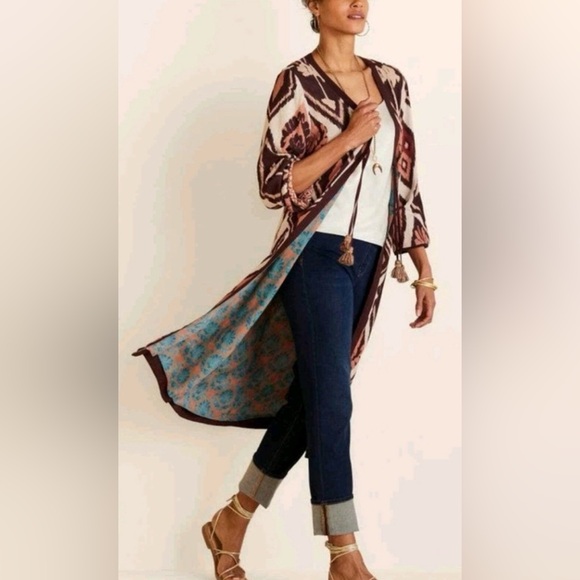 SOFT SURROUNDINGS Lelani Apricot Brown Ikat Gauze Topper Cardigan Kimono Small - Picture 2 of 9